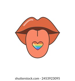 A mouth with lips and a heart on the tongue. The heart is made in the colors of the LGBT flag. A flat illustration in the style of the 70s.