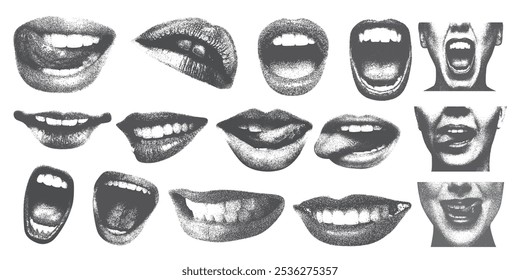 Boca y labios en grito, para el diseño de collage grunge punk y2k, con efecto de fotocopia monocromo, Elementos de diseño retro brutalista de medio tono Stipple
