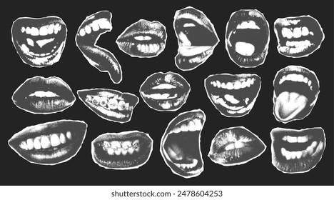 Mouth and lips in scream, smile or anger with halftone newspaper collage effect, for grunge punk y2k design. Vector illustration for vintage banner with pop art dadaism style dotted elements.