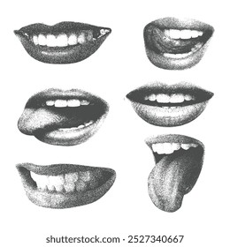 Mouth and lips in scream, smile or anger with halftone newspaper collage effect, for grunge punk y2k design