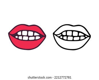 Mouth or lips with teeth in cartoon and outline style isolated on white background