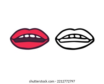 Mouth or lips with teeth in cartoon and outline style isolated on white background