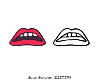 Mouth or lips with teeth in cartoon and outline style isolated on white background