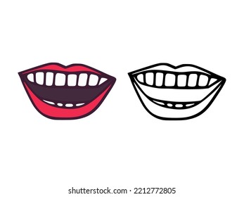 Mouth or lips with teeth in cartoon and outline style isolated on white background. Smile clip art