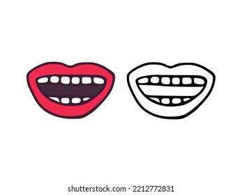 Mouth or lips with teeth in cartoon and outline style isolated on white background