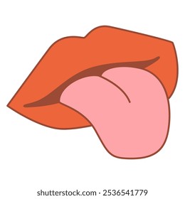 A mouth with lips and tongue.Groovy cartoon sticker with lips.Vector illustration.Isolated on white background.