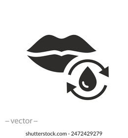 mouth with liquid drop icon, lipstick or water gel, lips hydration, aqua cycle for skin face, flat symbol on white background - vector illustration