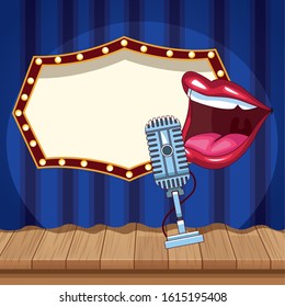mouth microphone billboard curtain stage stand up comedy show vector illustration