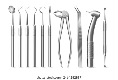 Mouth mirror and explorers, sickle probes and torque wrench, dental bur and cotton forceps, periodontal probe. Vector isolated realistic tools for treating cavities, teeth extraction instruments