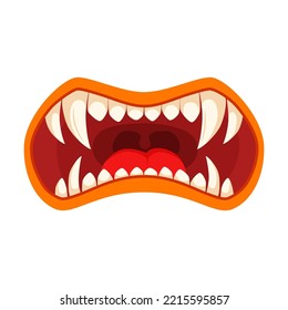 Mouth of monster vector illustration. Goblin, troll or gremlin, tongue and teeth isolated on white background. Fantasy, Halloween, fairy tale concept