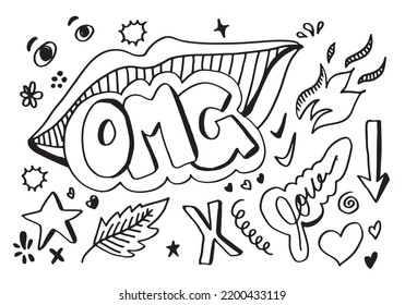 mouth with OMG text. Comic doodle sketch style.OMG icon lettering.