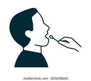 Mouth Pcr Swab Test For COVID-19, Icon. Oral Probe For Fast Analysis On Check Presence Covid. Face Man Profile And Medical Stick. Vector Sign