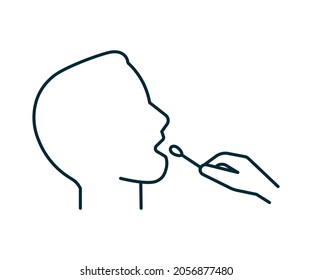 Mouth Pcr Swab Test For COVID-19, Line Icon. Oral Probe For Fast Analysis On Check Presence Covid. Face Man Profile And Medical Stick. Vector Sign