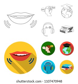 The mouth of the person speaking, the person head translating the text, the globe with the master cap, the headphones with the translation. Interpreter and translator set collection icons in outline