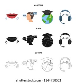 The mouth of the person speaking, the person head translating the text, the globe with the master cap, the headphones with the translation. Interpreter and translator set collection icons in cartoon