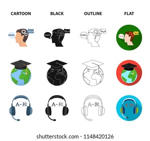 The mouth of the person speaking, the person head translating the text, the globe with the master cap, the headphones with the translation. Interpreter and translator set collection icons in cartoon