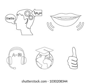 The mouth of the person speaking, the person's head translating the text, the globe with the master's cap, the headphones with the translation. Interpreter and translator set collection icons in
