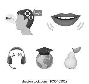 The mouth of the person speaking, the person's head translating the text, the globe with the master's cap, the headphones with the translation. Interpreter and translator set collection icons in