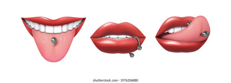 Mouth with piercing. Realistic pierced lips and tongue. 3D metal body jewelry. Isolated face parts set. Bijouterie barbell, cones and balls. Beauty accessories. Vector woman's smile