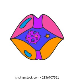 Mouth with planet inside Psychedelic element Flat vector illustration on white background
