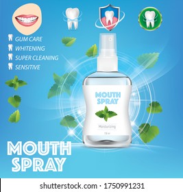 Mouth rinse ad template. Vector 3d Illustration with Mouth rinse in bottle and min leaves. Poster with product on green background.