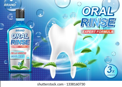 Mouth rinse ads, refreshing mouthwash product with mint leaves and aqua elements. White tooth and Oral rinse package Banner design on blue background. 3d vector illustration.