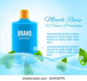 Mouth rinse ads. Refreshing mouthwash product with leaves of mint and water splash. Design for ads or magazine. 3d illustration. EPS10 vector