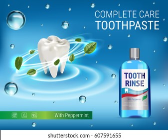 Mouth Rinse Ads. Vector 3d Illustration With Mouth Rinse In Bottle And Mints Leaves. Poster With Product On Blue Background.