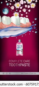 Mouth rinse ads. Vector 3d Illustration with Mouth rinse in bottle and rosehip flower. Vertical banner with product on red background.
