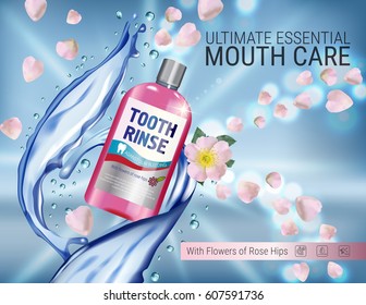 Mouth rinse ads. Vector 3d Illustration with Mouth rinse in bottle and rosehip flower. Poster with product on blue background.