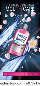 Mouth rinse ads. Vector 3d Illustration with Mouth rinse in bottle and rosehip flower. Vertical banner with product on dark background.