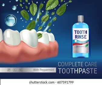 Mouth rinse ads. Vector 3d Illustration with Mouth rinse in bottle and mints leaves. Poster with product on blue background.