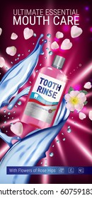 Mouth rinse ads. Vector 3d Illustration with Mouth rinse in bottle and rosehip flower. Vertical banner with product on red background.