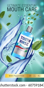 Mouth rinse ads. Vector 3d Illustration with Mouth rinse in bottle and mints leaves. Vertical banner with product on green background.