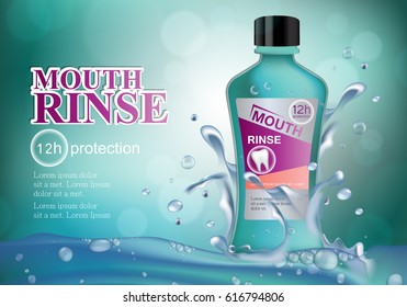 Mouth rinse bottle isolated on green background.Refreshing mouthwash with splashing aqua.For web site,ads,advertising and marketing.Also useful for poster,placard,flyer and leaflet template
