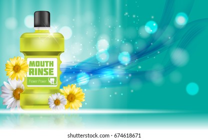 Mouth Rinse Design Cosmetics Product Bottle with Flowers Chamomile Template for Ads, Announcement Sale, Promotion New Product or Magazine Background. 3D Realistic Vector Iillustration. EPS10