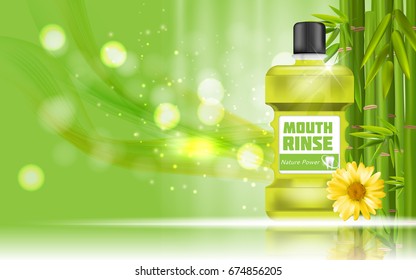 Mouth Rinse Design Cosmetics Product Bottle with Bamboo and Calendula Template for Ads, Announcement Sale, Promotion New Product or Magazine Background. 3D Realistic Vector Iillustration. EPS10