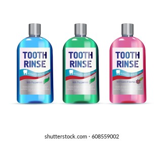 Mouth rinse in different colors of bottles. Vector illustration of realistic bottle of mouth rinse on white background.