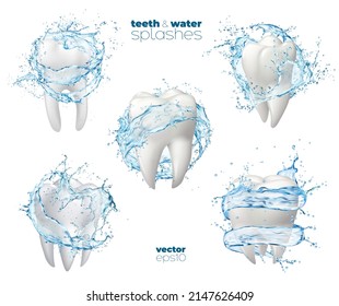 Mundspülen, Mundwaschen, saubere Zähne mit kalten Wassersplash, Zahnpflege und -pflege. Einziger, gesunder, vektorweißer Zahn mit runder Flüssigkeitswelle oder wirbeln mit Plattern, 3D-Anzeigen für die Mundgesundheit