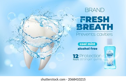 Mouth rinse or mouthwash dental care product bottle in water splash drops with white tooth, vector poster. Cool mint and alcohol free mouthwash, oral hygiene rinse, gum and cavity protection
