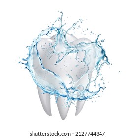 Mouth rinse or mouthwash, teeth and clean water flow swirl splash with drops. Dental hygiene realistic 3d vector white clean tooth and splash of transparent blue oral rinse liquid