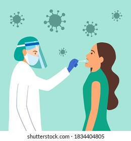 Mouth Saliva Test Using Swab Concept Vector Illustration. COVID-19 Coronavirus Or DNA Test. Doctor Keep Saliva Sample From Patient.