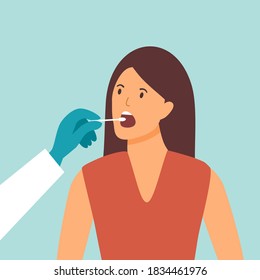 Mouth saliva test using swab concept vector illustration. COVID-19 Coronavirus or DNA test. Doctor keep saliva sample from woman patient.