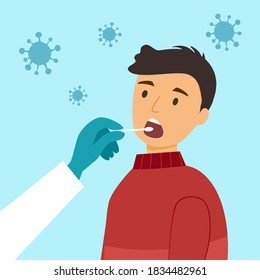 Mouth saliva test using swab concept vector illustration. COVID-19 Coronavirus or DNA test. Doctor keep saliva sample from man patient.