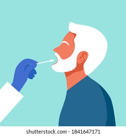 Mouth saliva test using swab concept vector illustration. COVID-19 Coronavirus or DNA test. Doctor keep saliva sample from senior old man patient.