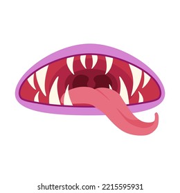 Mouth of scary monster vector illustration. Goblin, troll or gremlin creature showing tongue and teeth. Fantasy, Halloween, fairy tale concept