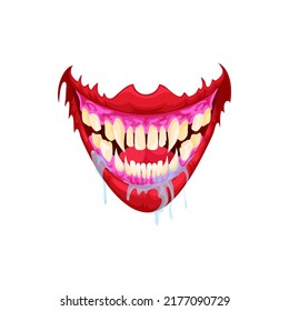 Mouth, scary teeth, saliva and lips of creepy alien beast isolated cartoon monster face. Vector dracula vampire, werewolf or demon spooky smile. Spooky Halloween holiday devil or zombie sticker