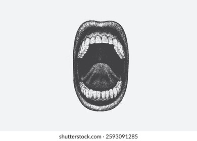 Mouth in scream for a halftone stipple effect and a grunge punk Y2K collage design, Lips and mouth in scream with monochrome photocopy effect
