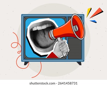 mouth screaming into a red megaphone from a retro TV screen. Intrusive advertising. Vintage electronics.Modern collage style. Vector illustration