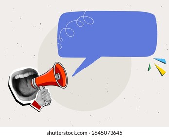 Boca gritando em um megafone vermelho com uma grande bolha de fala, lugar para o estilo de colagem text.Modern. Ilustração vetorial